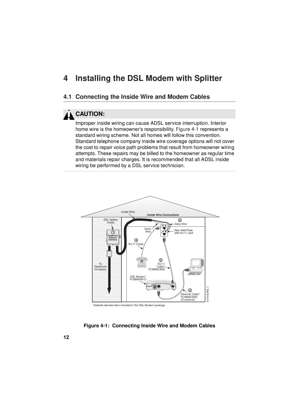 Fujitsu FC9660RA12 manual Installing the DSL Modem with Splitter, Connecting the Inside Wire and Modem Cables 