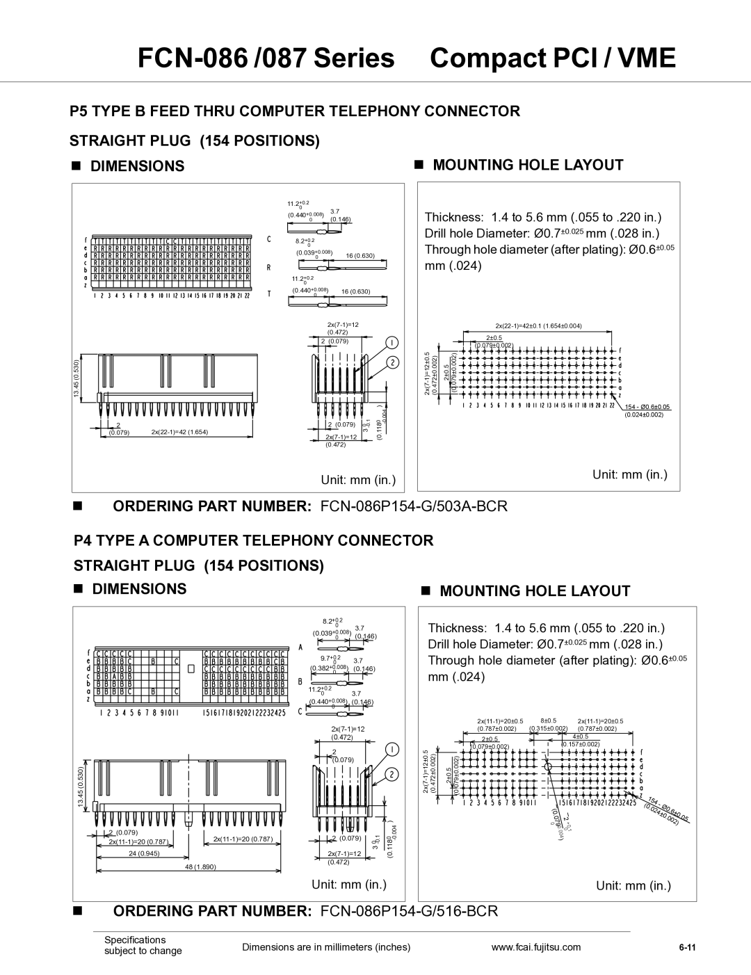 Fujitsu FCN-087 manual P5 Type B Feed thru Computer Telephony Connector, Ordering Part Number FCN-086P154-G/516-BCR 