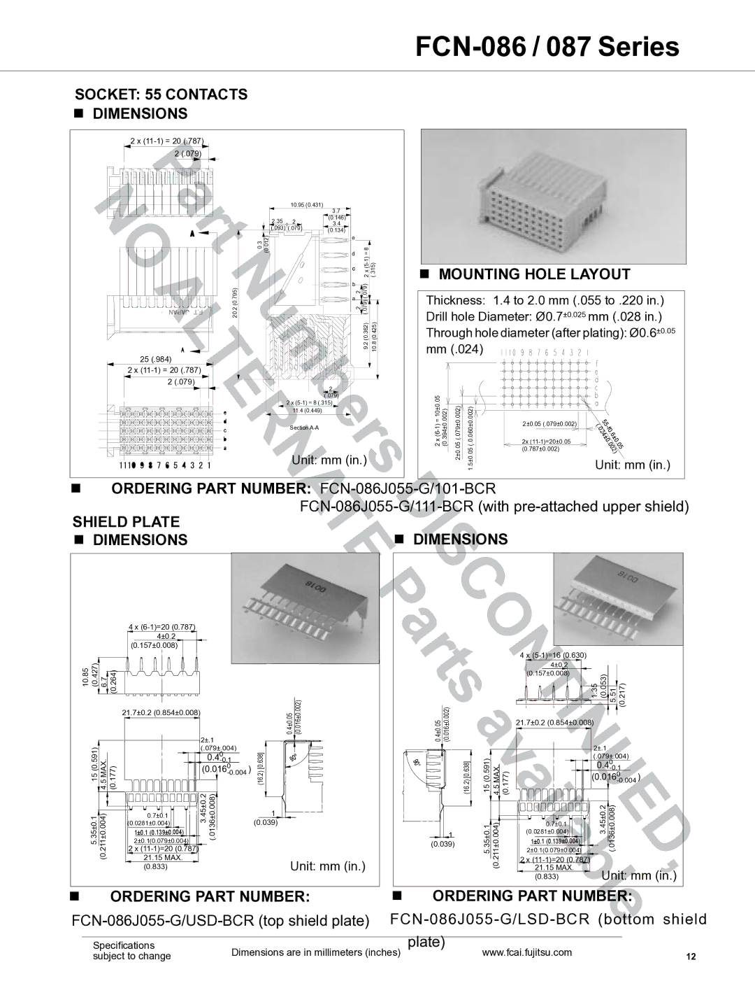 Fujitsu FCN-087 manual Mounting Hole Layout, Ordering Part Number FCN-086J055-G/101-BCR, Shield Plate 