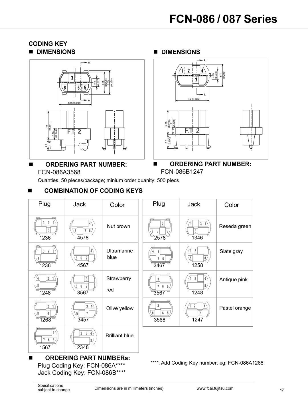 Fujitsu Coding KEY, Ordering Part Number FCN-086A3568 FCN-086B1247, Combination of Coding Keys, Ordering Part NUMBERs 