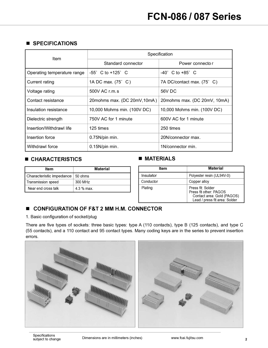 Fujitsu FCN-087, FCN-086 manual Specifications, Characteristics, Materials, Configuration of F&T 2 mm H.M. connector 