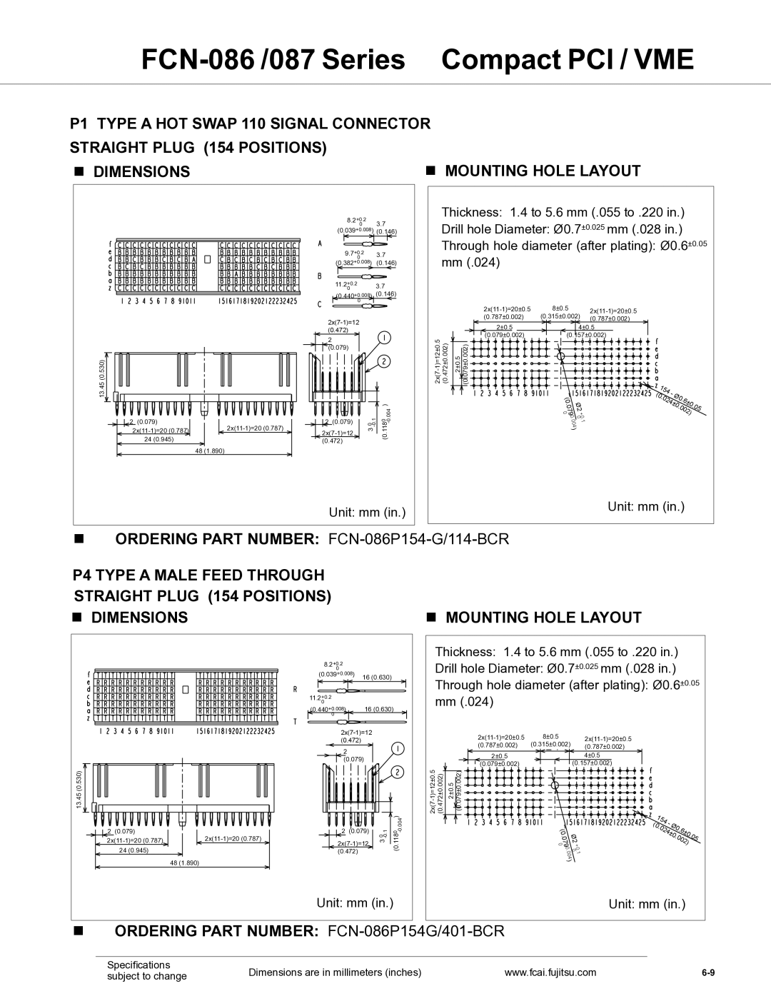 Fujitsu FCN-087 manual P1 Type a Hot Swap 110 Signal Connector, Ordering Part Number FCN-086P154G/401-BCR 