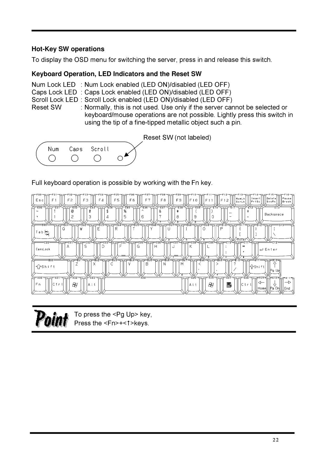 Fujitsu FD-1008AT, FD-1016AT user manual Hot-Key SW operations, Keyboard Operation, LED Indicators and the Reset SW 