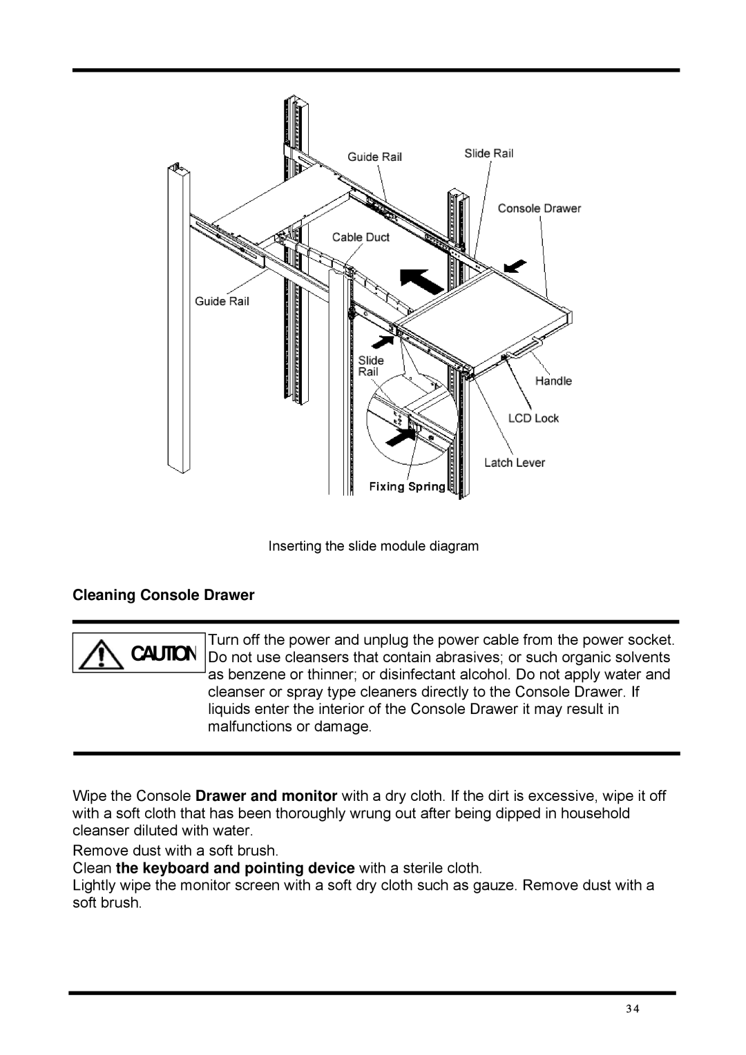 Fujitsu FD-1008AT, FD-1016AT Cleaning Console Drawer, Clean the keyboard and pointing device with a sterile cloth 