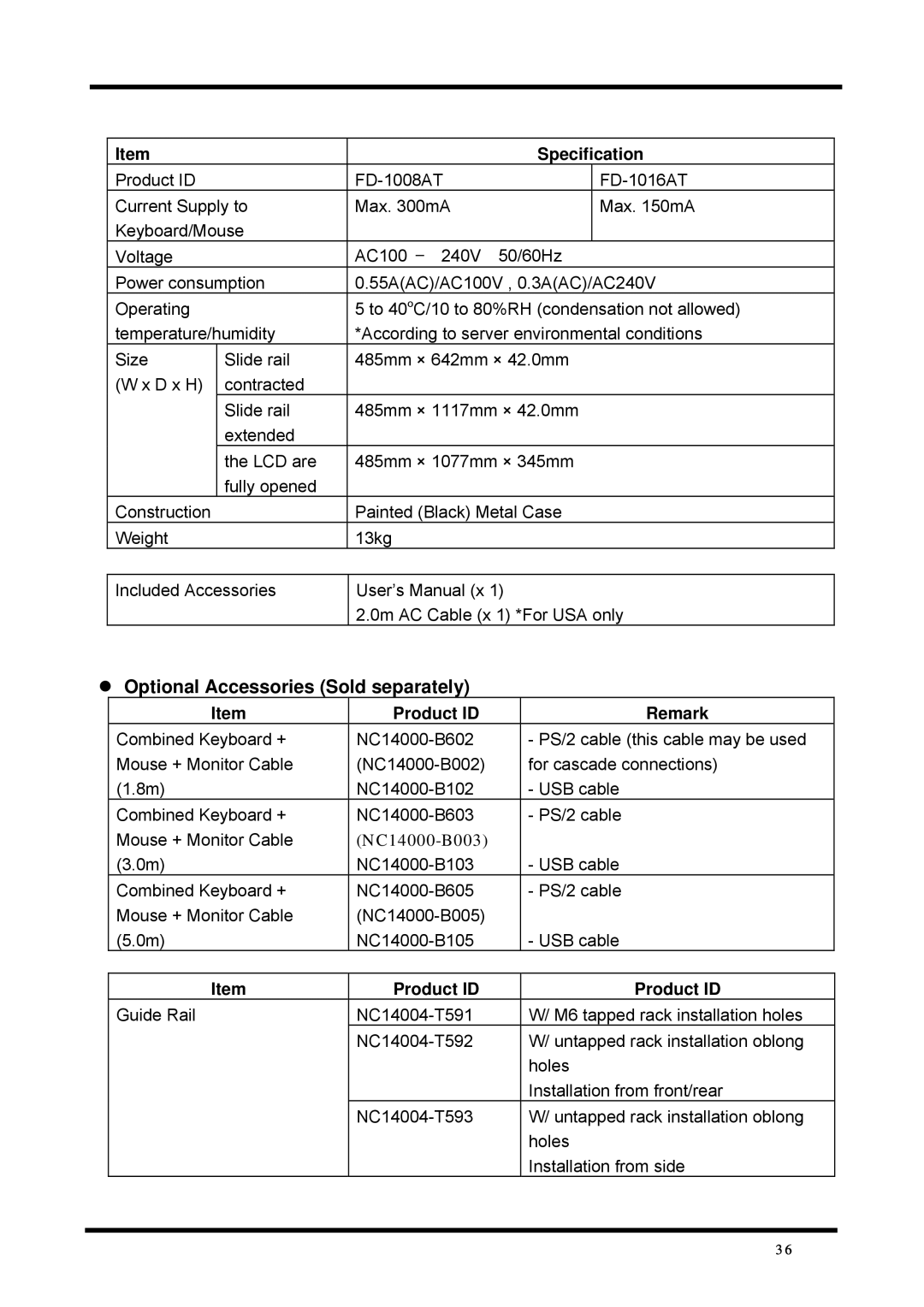 Fujitsu FD-1008AT, FD-1016AT user manual Optional Accessories Sold separately, Product ID Remark 