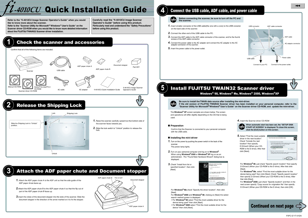 Fujitsu fi-4010CU manual Check the scanner and accessories, Release the Shipping Lock, On next 