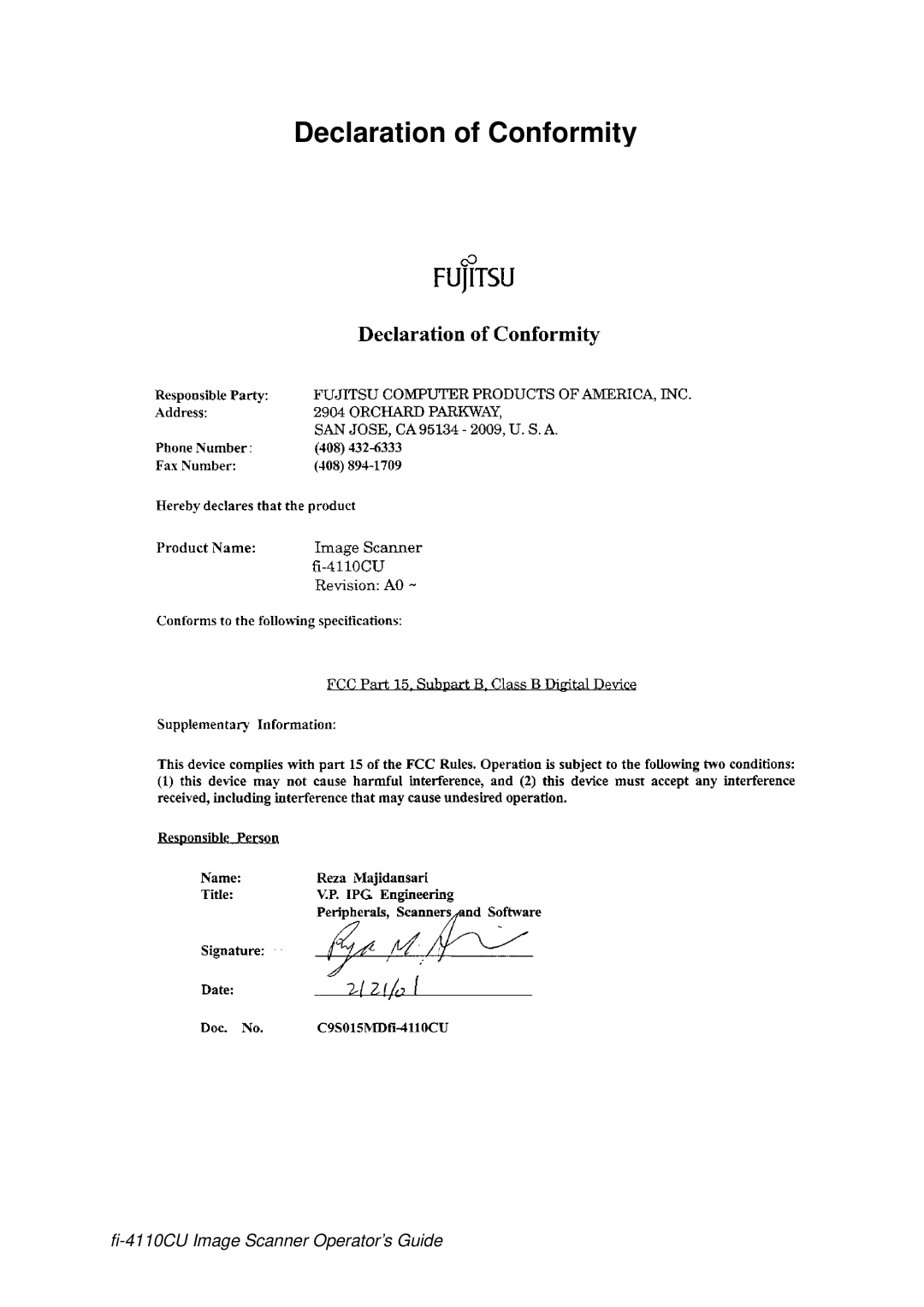 Fujitsu fi-4110CU manual Declaration of Conformity 