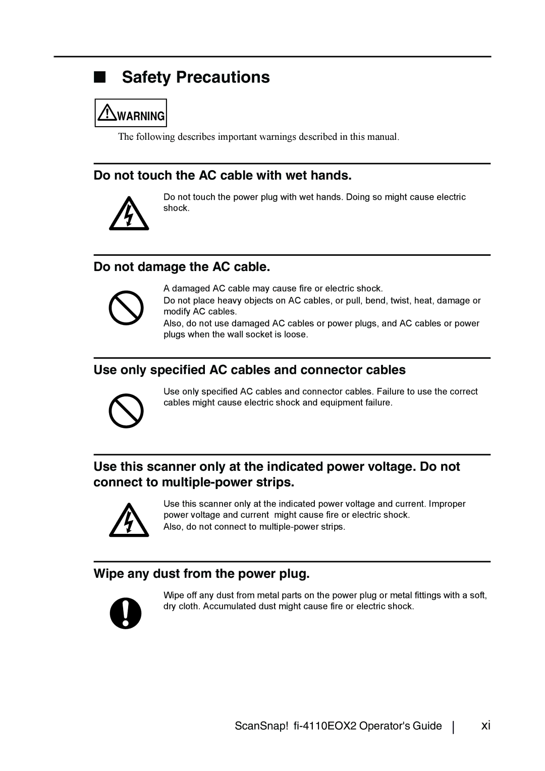 Fujitsu fi-4110EOX2 manual Safety Precautions, Do not touch the AC cable with wet hands, Do not damage the AC cable 