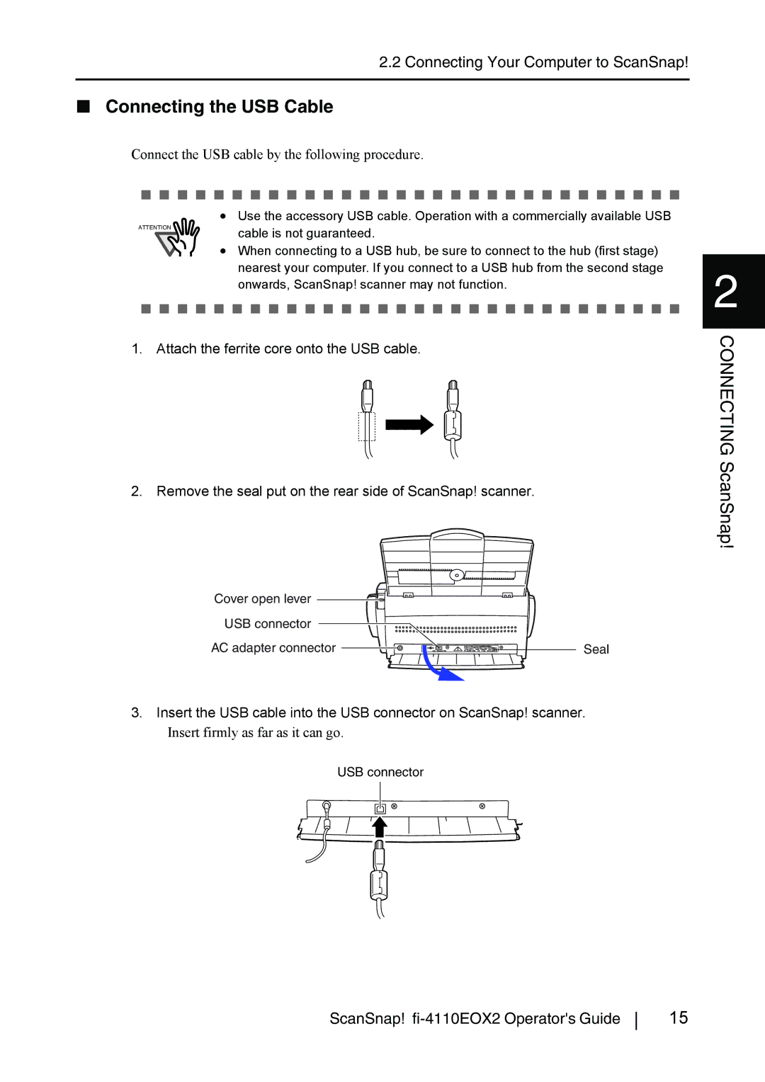 Fujitsu fi-4110EOX2 manual Connecting the USB Cable, Connect the USB cable by the following procedure 