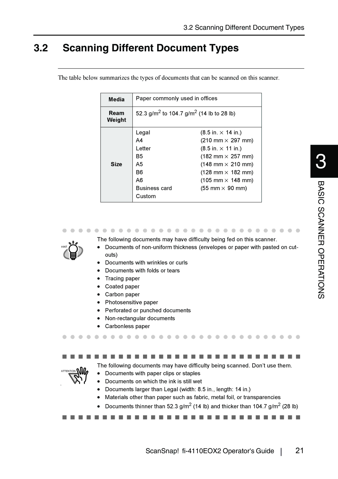 Fujitsu fi-4110EOX2 manual Scanning Different Document Types, Weight 