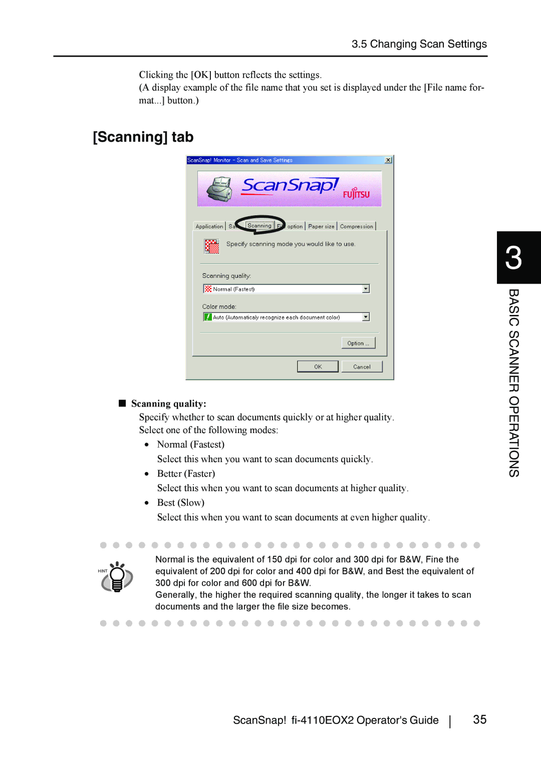 Fujitsu fi-4110EOX2 manual Scanning tab, Scanning quality 