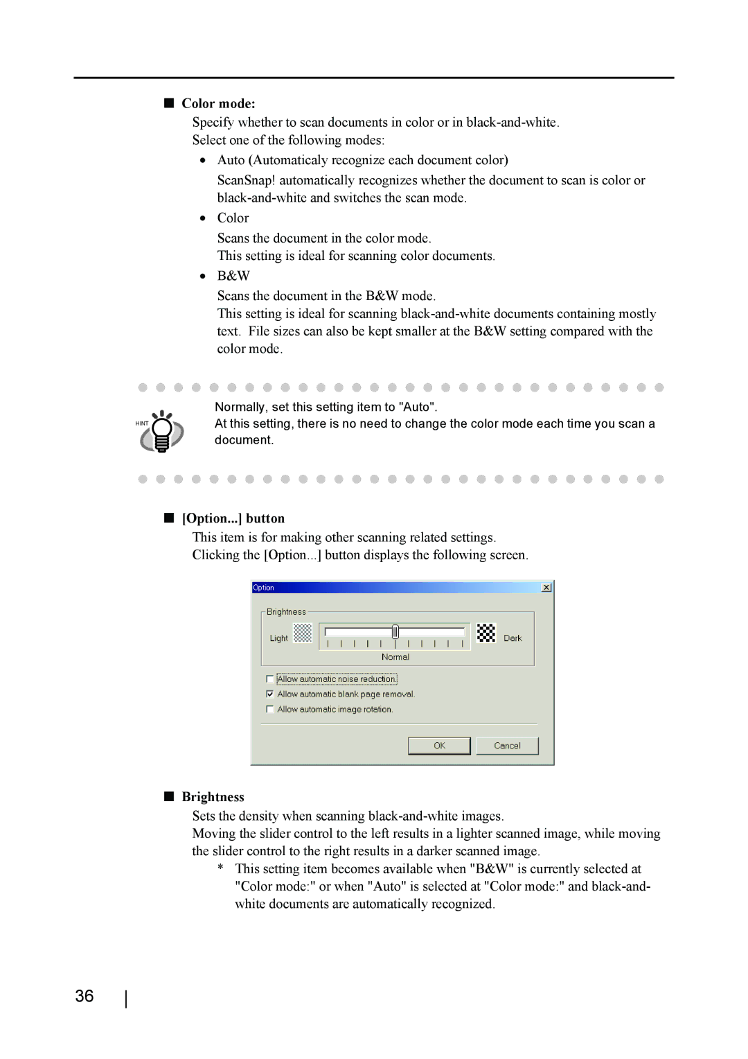 Fujitsu fi-4110EOX2 manual Color mode, Option... button, Brightness 