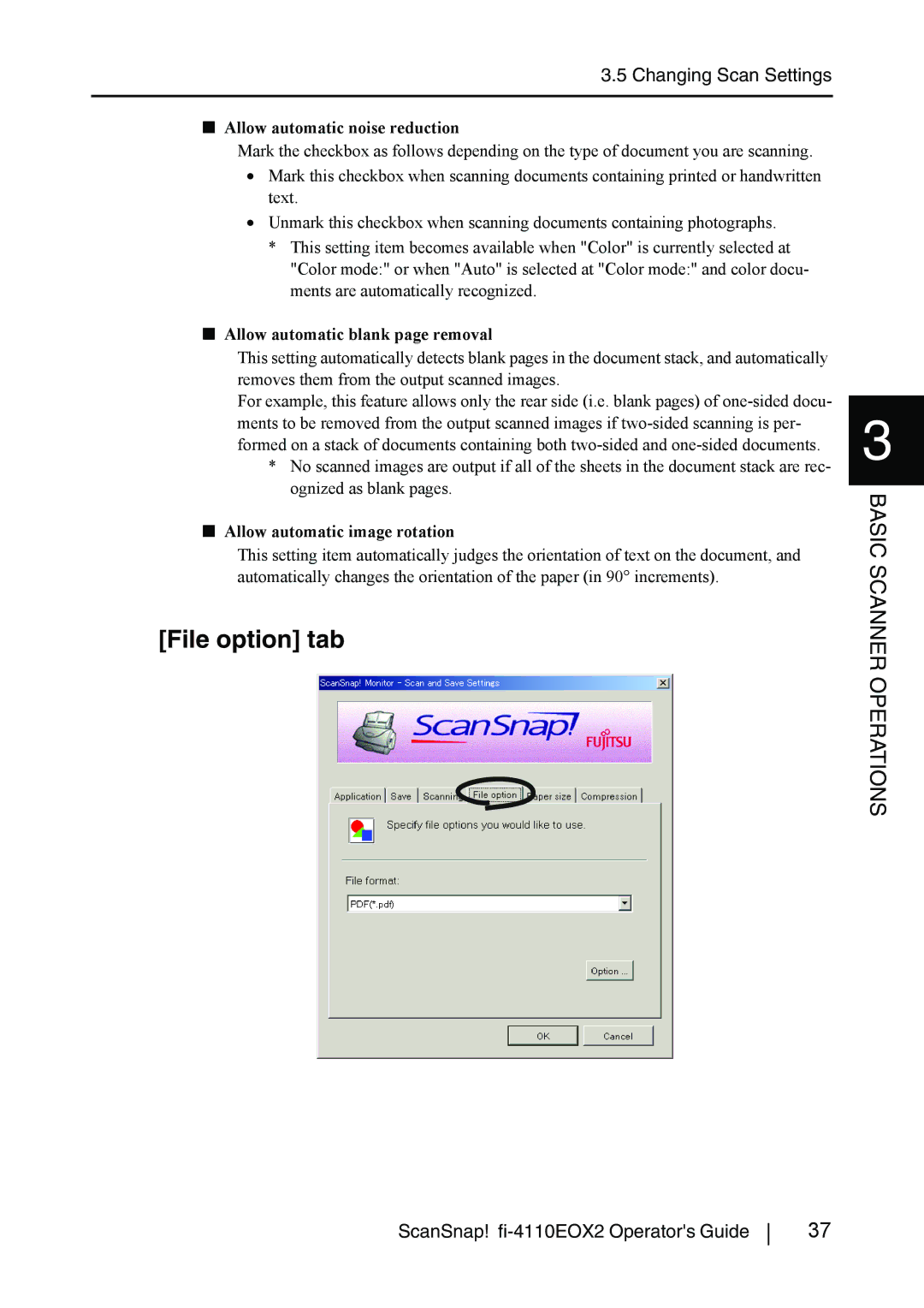 Fujitsu fi-4110EOX2 manual File option tab, Allow automatic noise reduction, Allow automatic blank page removal 