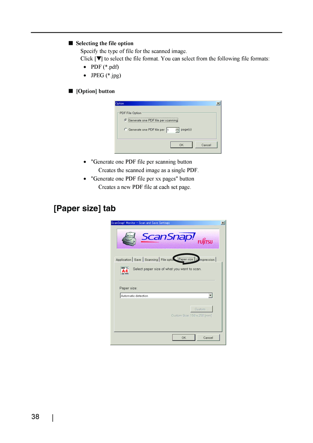 Fujitsu fi-4110EOX2 manual Paper size tab, Selecting the file option, Option button 