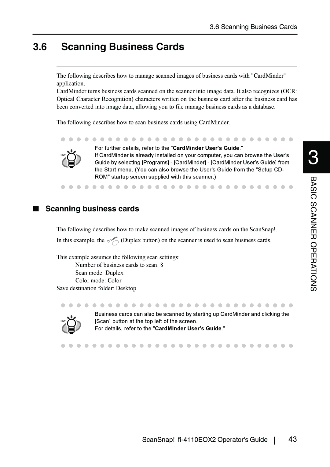 Fujitsu fi-4110EOX2 manual Scanning Business Cards, Scanning business cards 