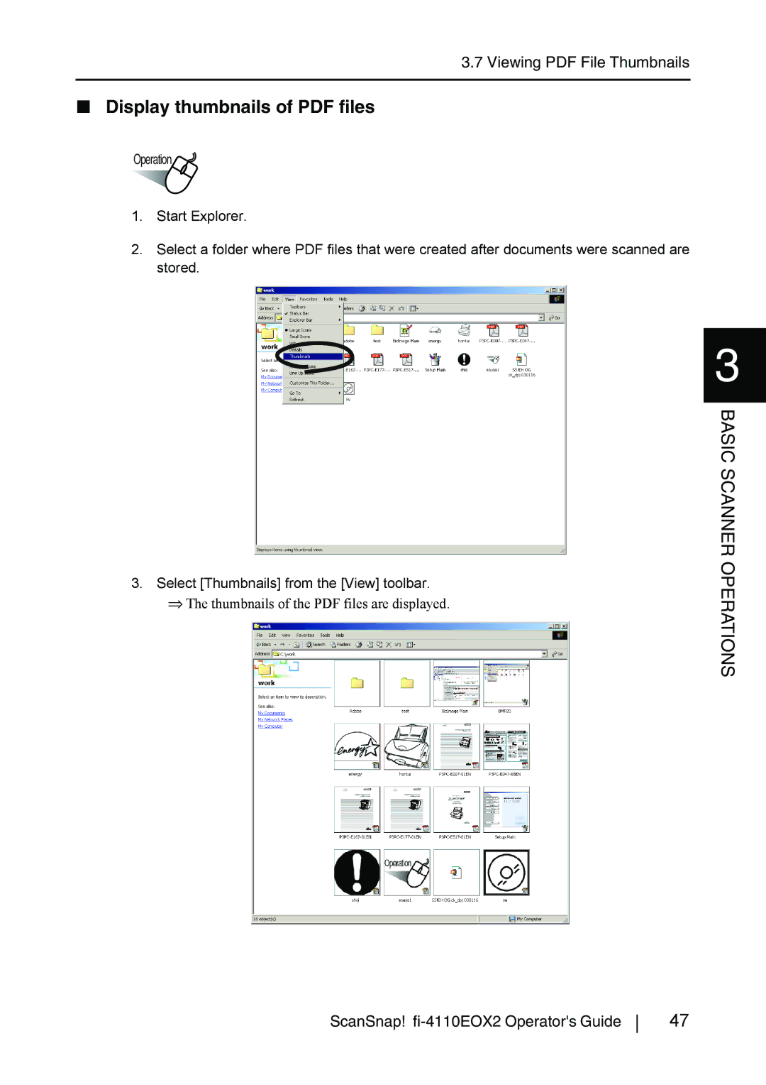 Fujitsu fi-4110EOX2 manual Start Explorer Select Thumbnails from the View toolbar 