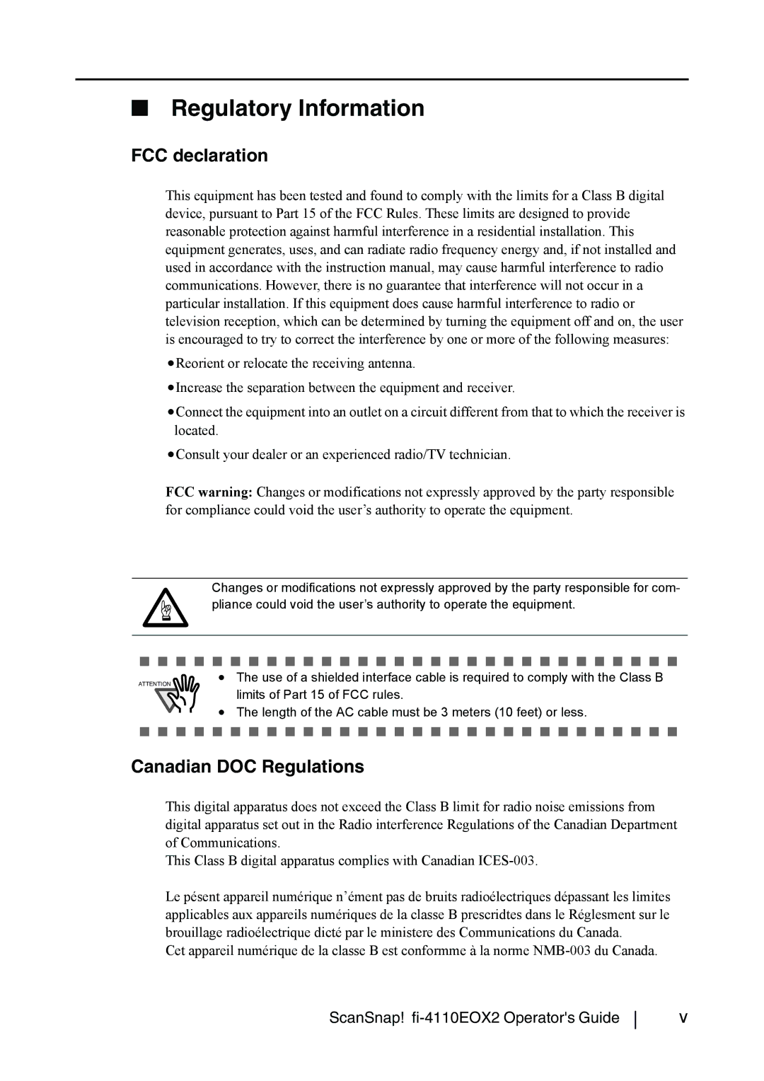 Fujitsu fi-4110EOX2 manual Regulatory Information, FCC declaration, Canadian DOC Regulations 