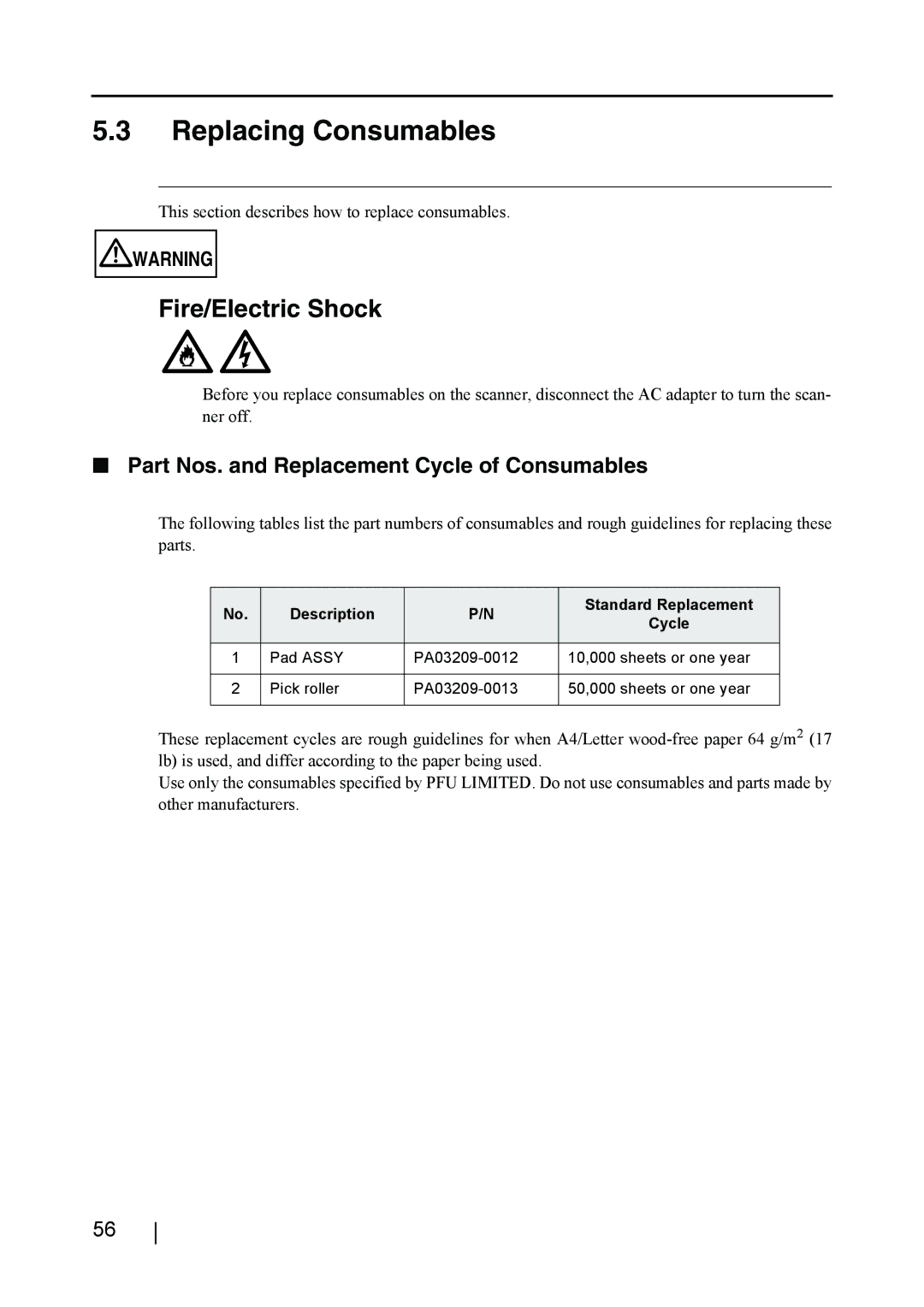 Fujitsu fi-4110EOX2 manual Replacing Consumables, Fire/Electric Shock, Part Nos. and Replacement Cycle of Consumables 