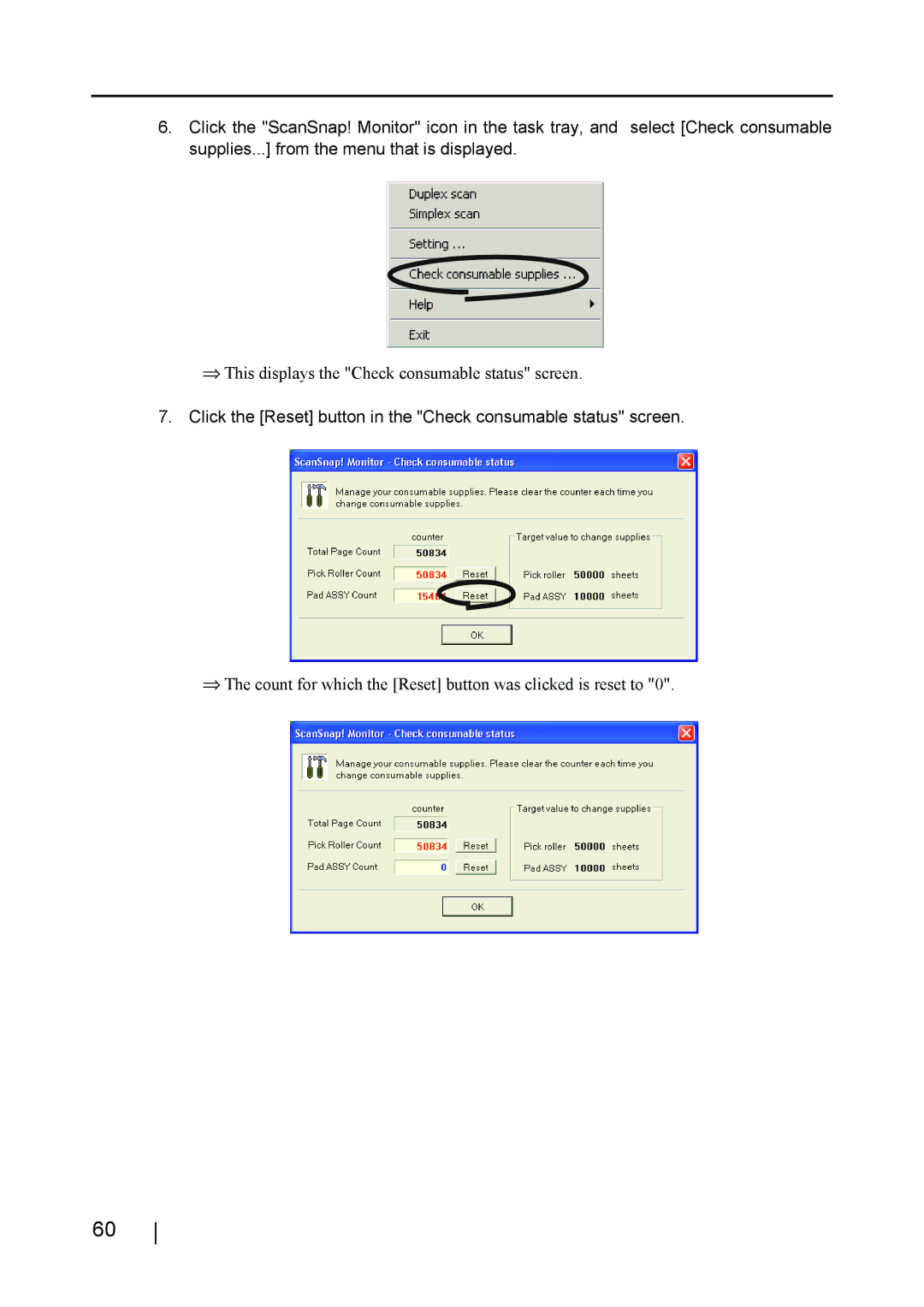 Fujitsu fi-4110EOX2 manual Click the Reset button in the Check consumable status screen 