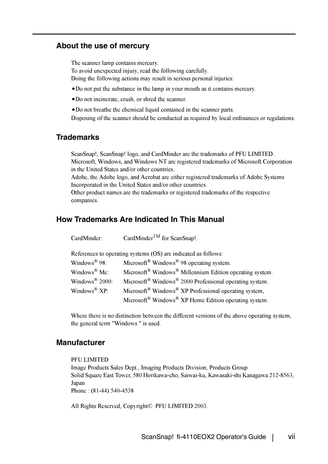 Fujitsu fi-4110EOX2 manual About the use of mercury, How Trademarks Are Indicated In This Manual, Manufacturer 