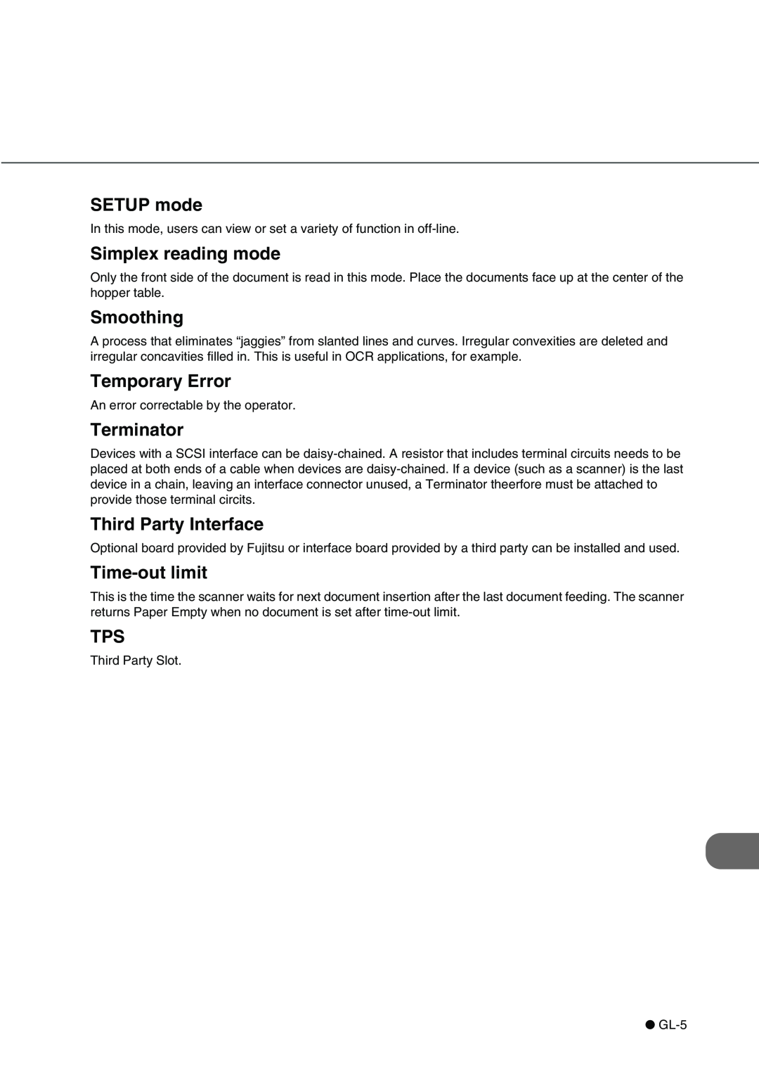 Fujitsu fi-4340C manual SETUP mode, Simplex reading mode, Smoothing, Temporary Error, Terminator, Third Party Interface 