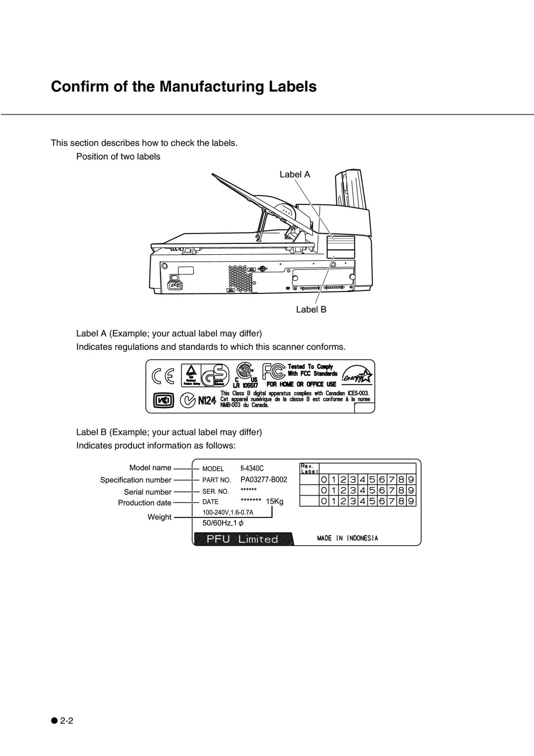 Fujitsu fi-4340C manual LabelB, Confirm of the Manufacturing Labels 