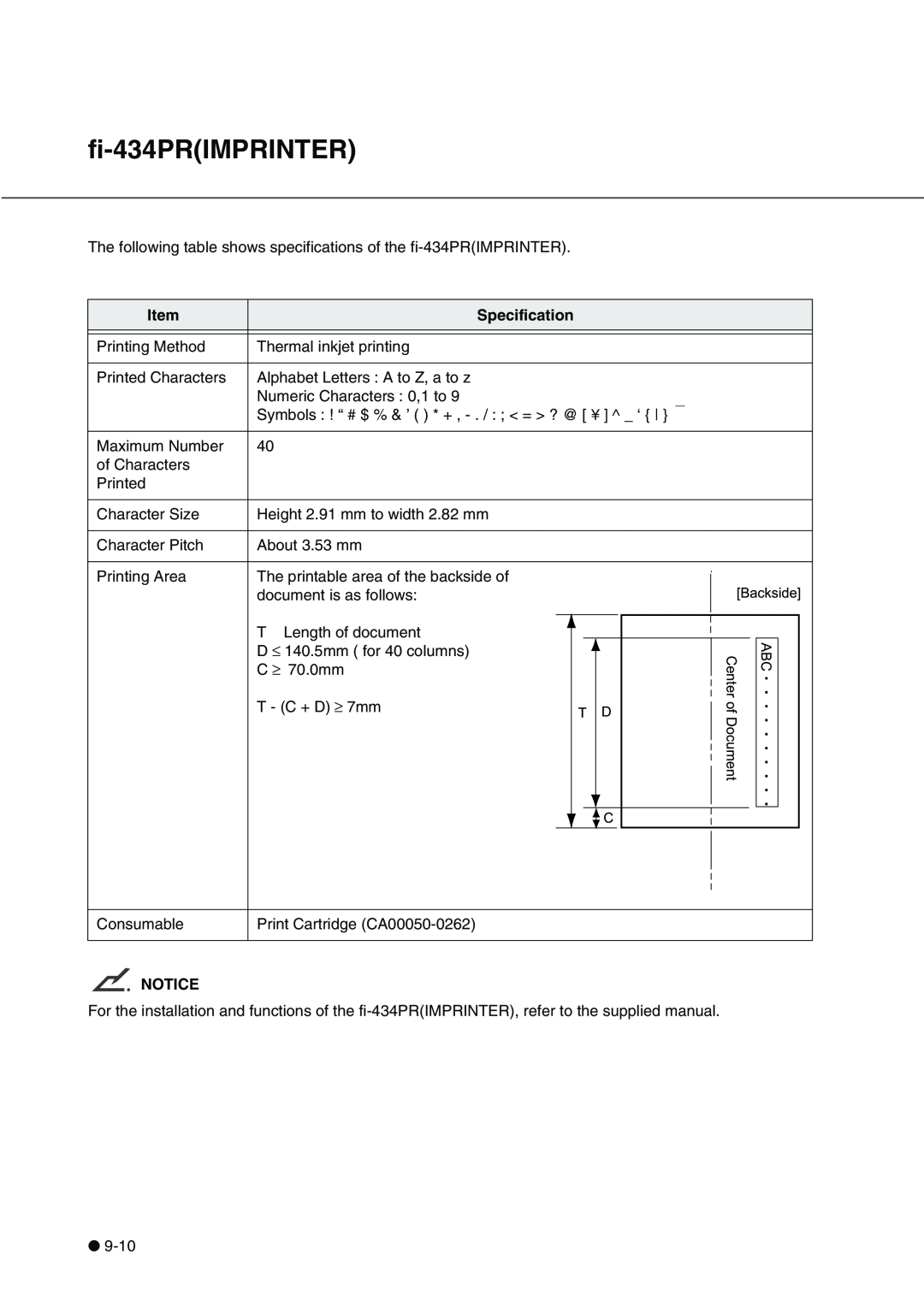 Fujitsu fi-4340C manual Backside, fi-434PRIMPRINTER, CenterofDocument, Specification 