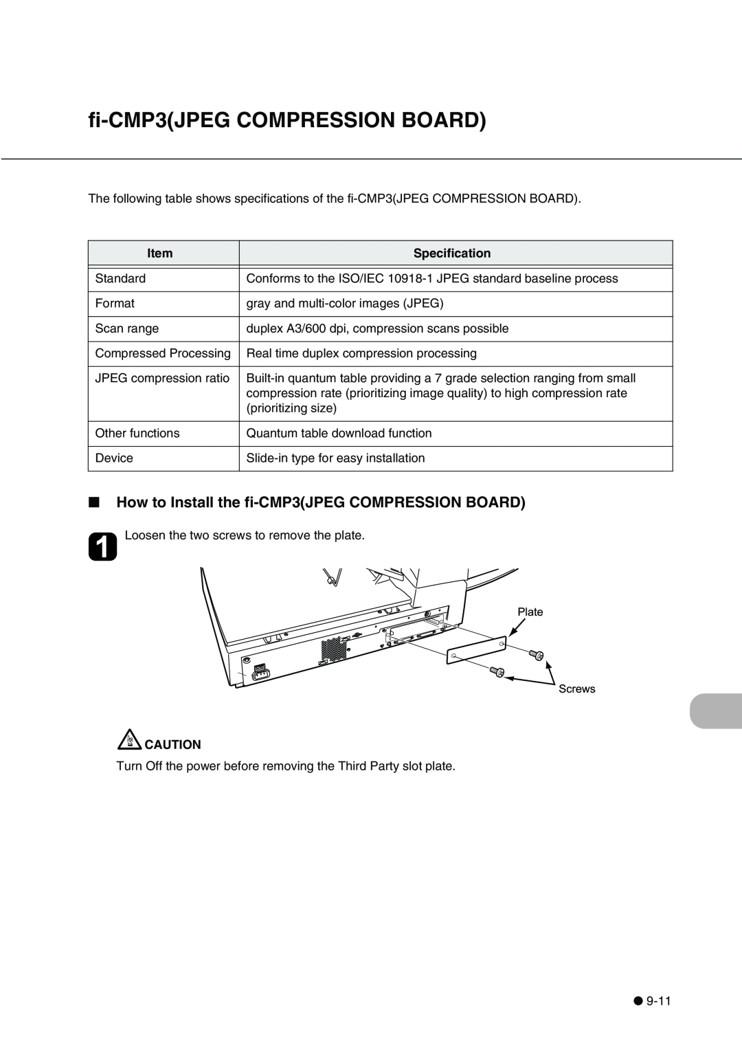 Fujitsu fi-4340C manual Plate Screws, How to Install the fi-CMP3JPEG COMPRESSION BOARD, Specification 