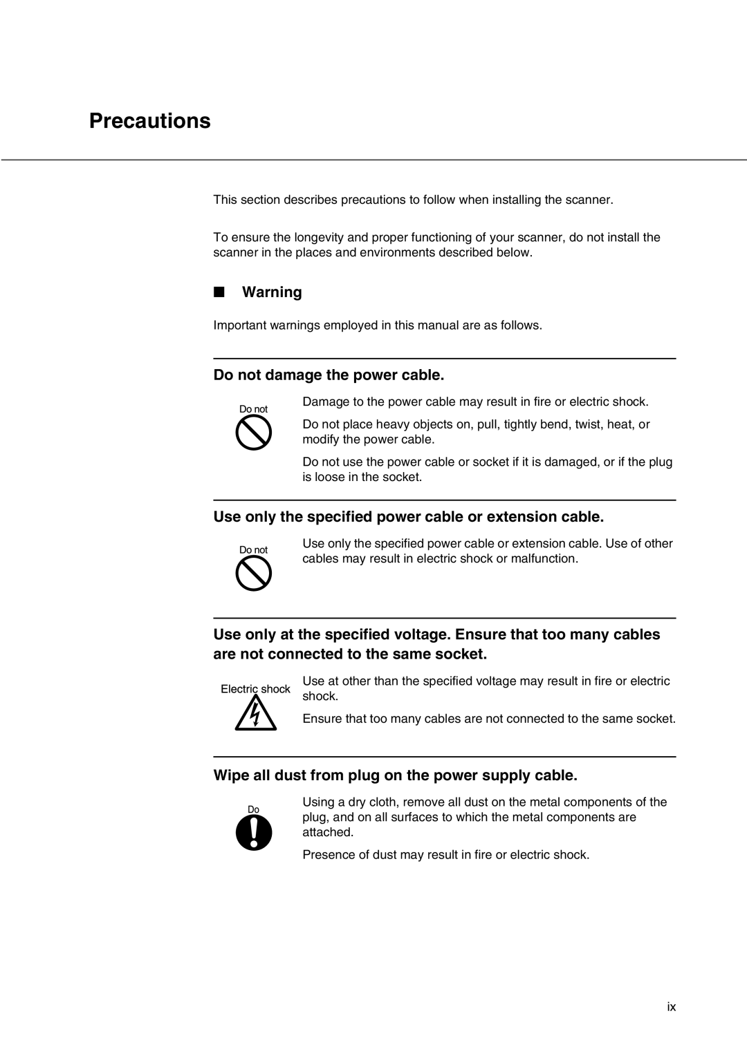 Fujitsu fi-4340C manual Precautions, Do not damage the power cable, Use only the specified power cable or extension cable 