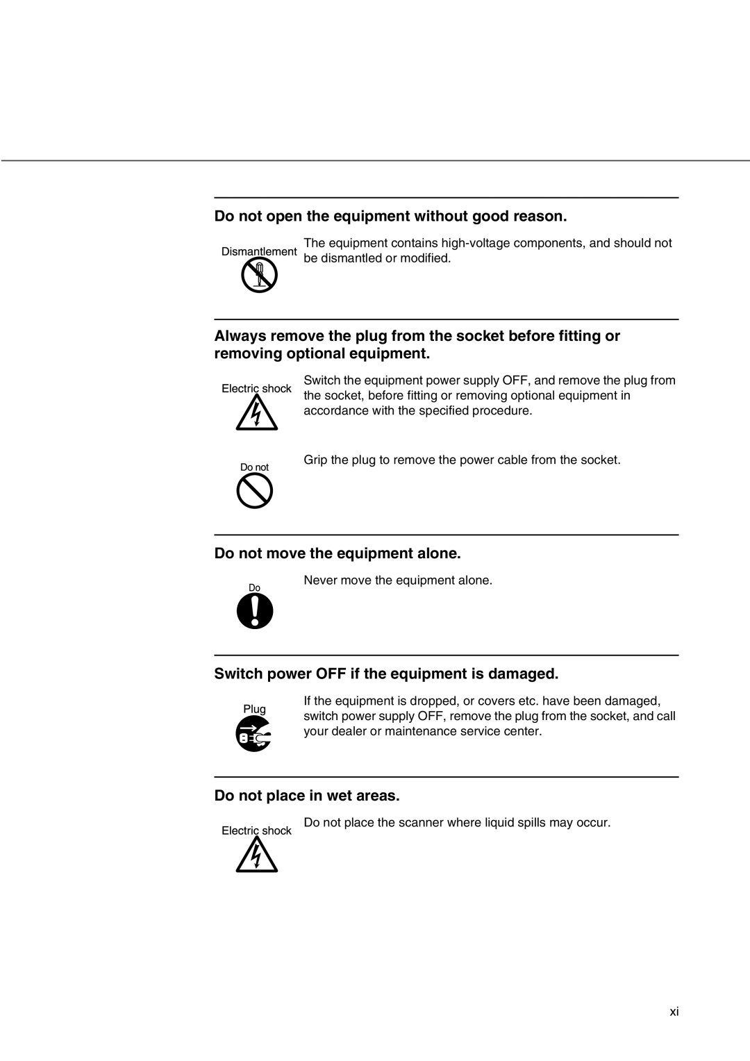 Fujitsu fi-4340C Do not open the equipment without good reason, Do not move the equipment alone, Do not place in wet areas 