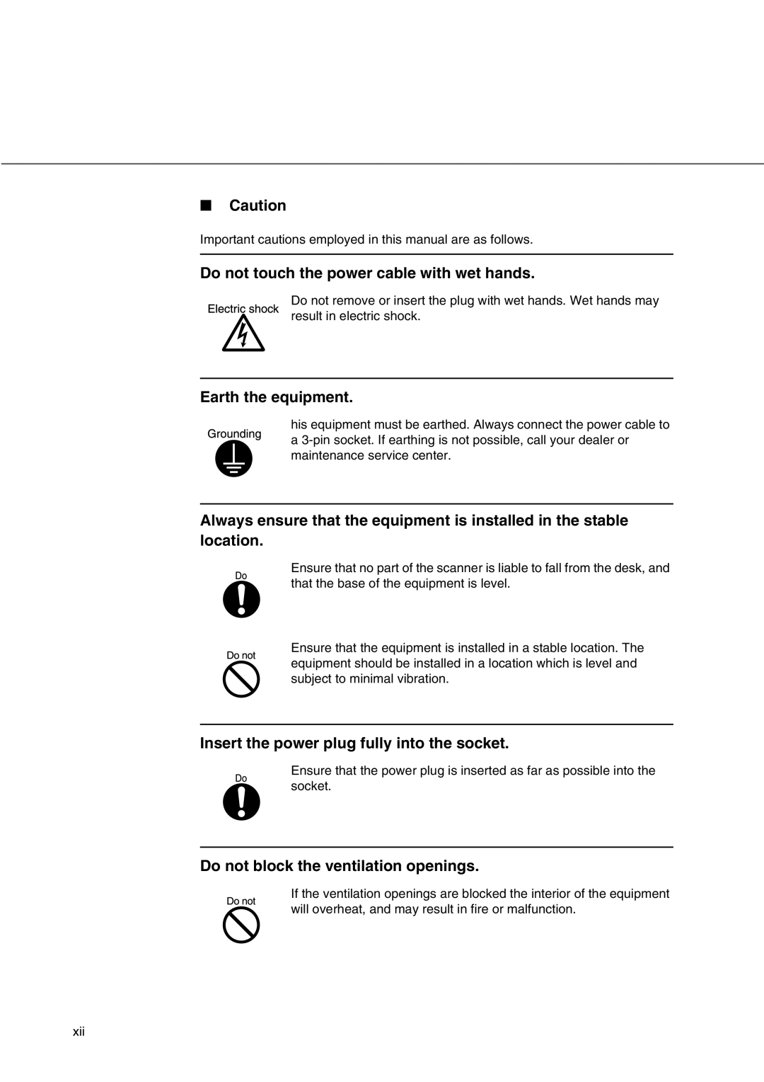 Fujitsu fi-4340C Do not touch the power cable with wet hands, Earth the equipment, Do not block the ventilation openings 