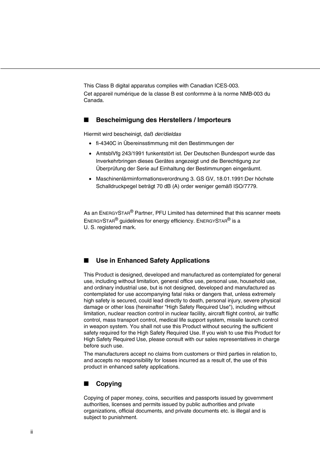 Fujitsu fi-4340C manual Bescheimigung des Herstellers / Importeurs, Use in Enhanced Safety Applications, Copying 