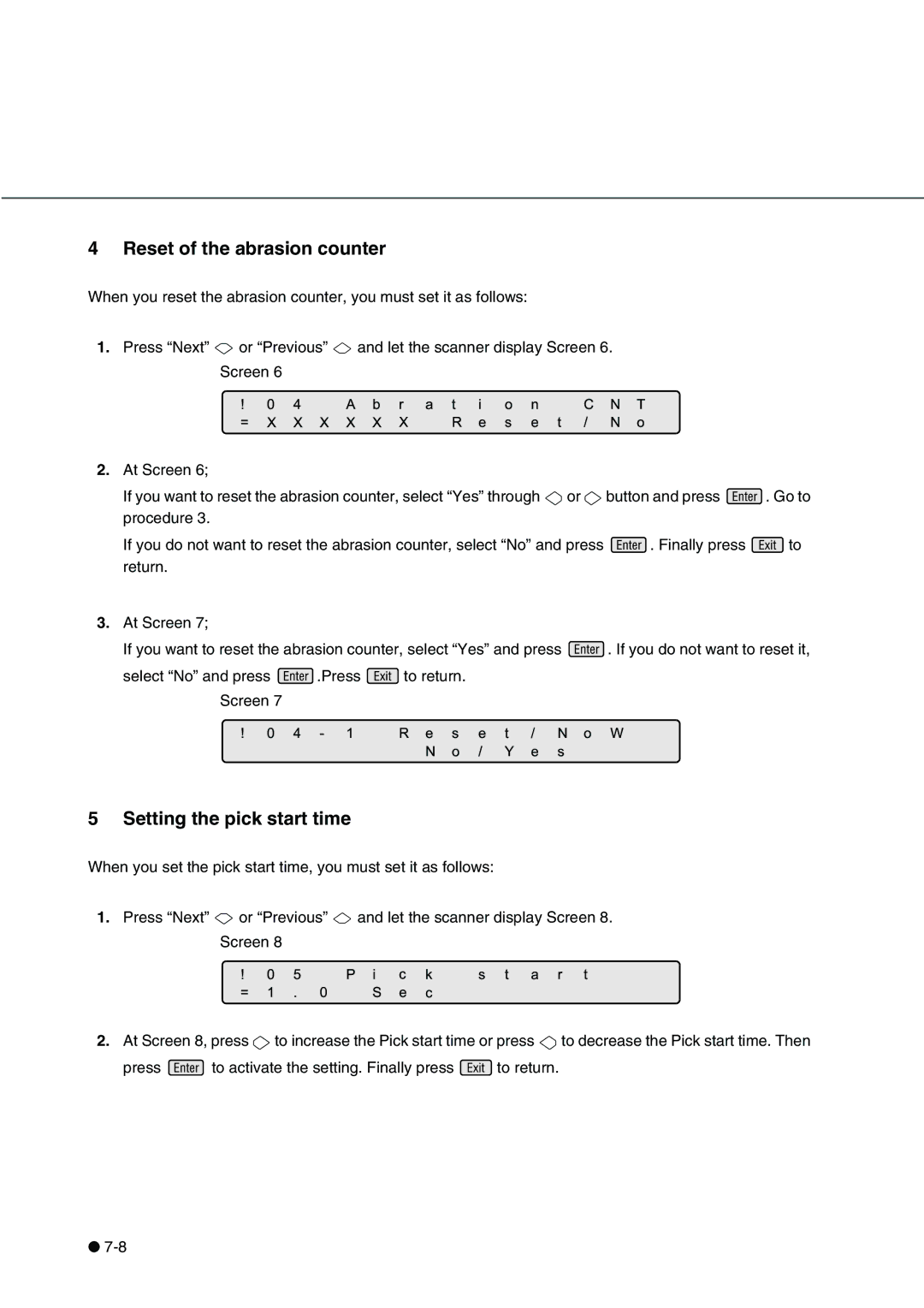 Fujitsu fi-4340C manual Reset of the abrasion counter, Setting the pick start time 