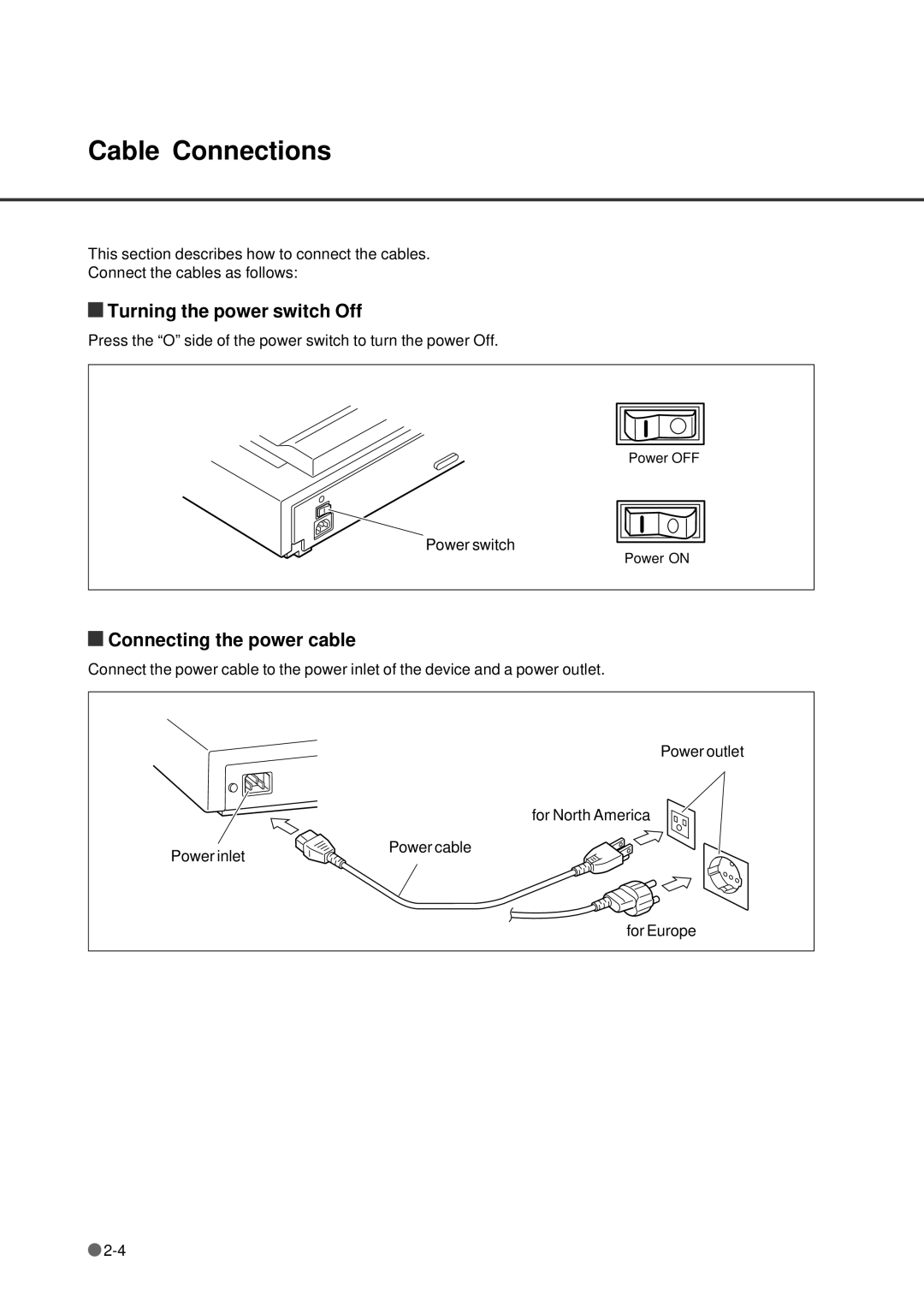 Fujitsu fi-4640S manual Cable Connections, Turning the power switch Off, Connecting the power cable 