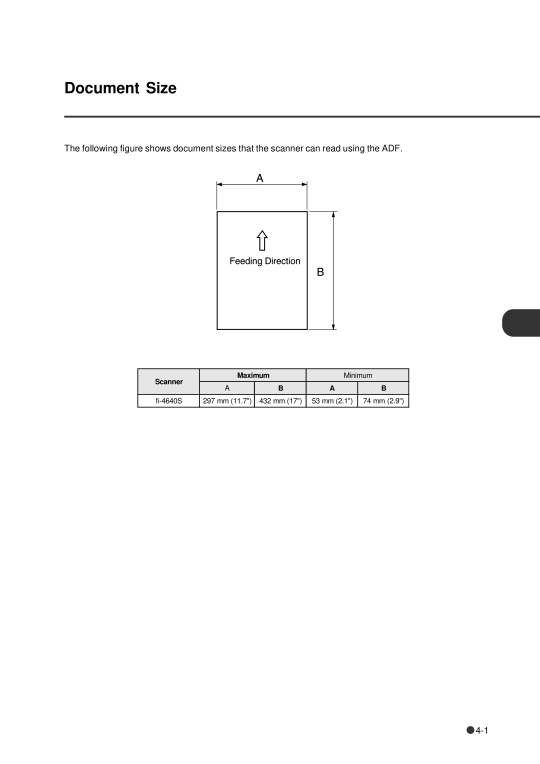 Fujitsu fi-4640S manual Document Size 