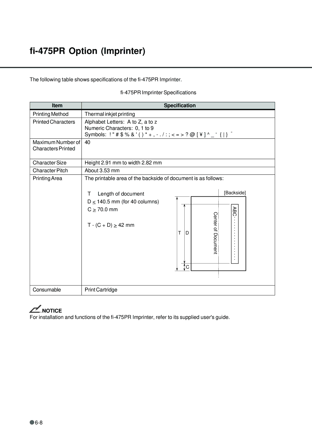 Fujitsu fi-4640S manual Fi-475PR Option Imprinter, Specification 