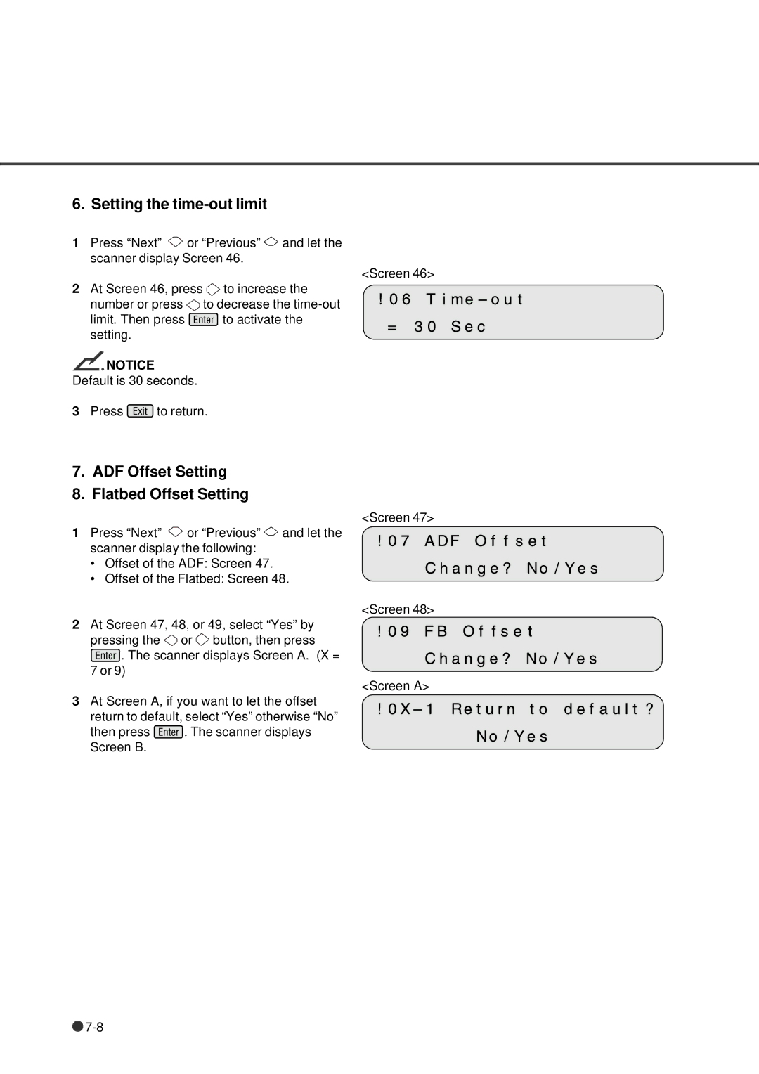 Fujitsu fi-4640S manual Setting the time-out limit, ADF Offset Setting Flatbed Offset Setting 