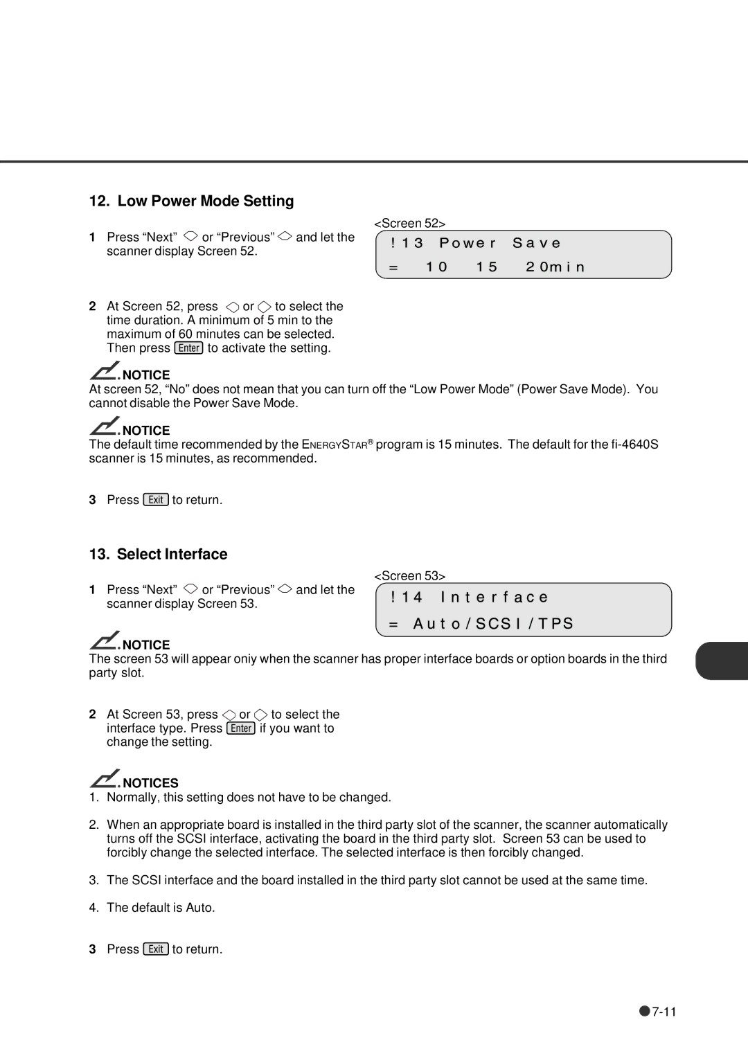 Fujitsu fi-4640S manual Low Power Mode Setting, Select Interface 