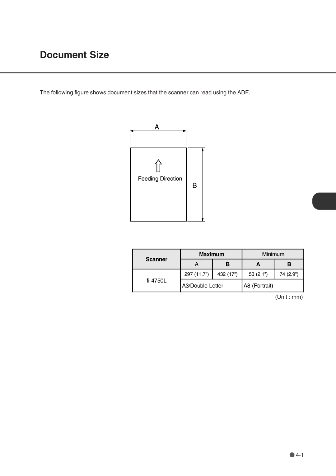 Fujitsu fi-4750L manual Document Size, Scanner Maximum Minimum, Fi-4750L A3/Double Letter A8 Portrait 