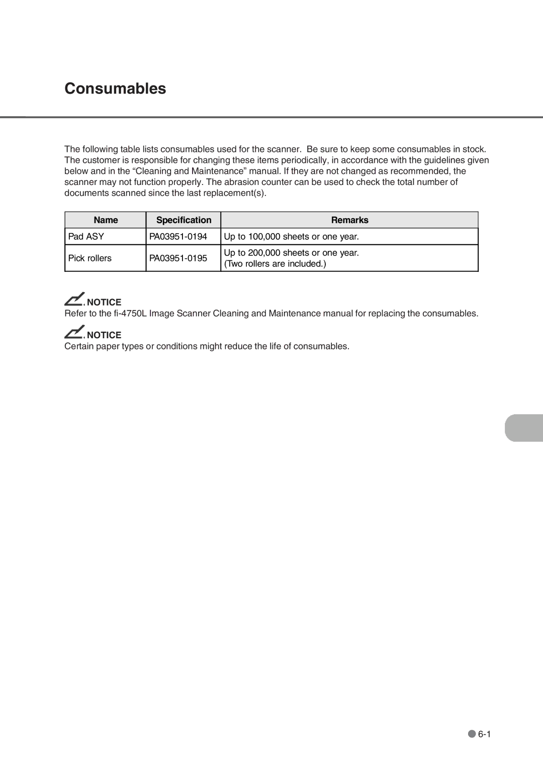 Fujitsu fi-4750L manual Consumables, Name Specification Remarks 