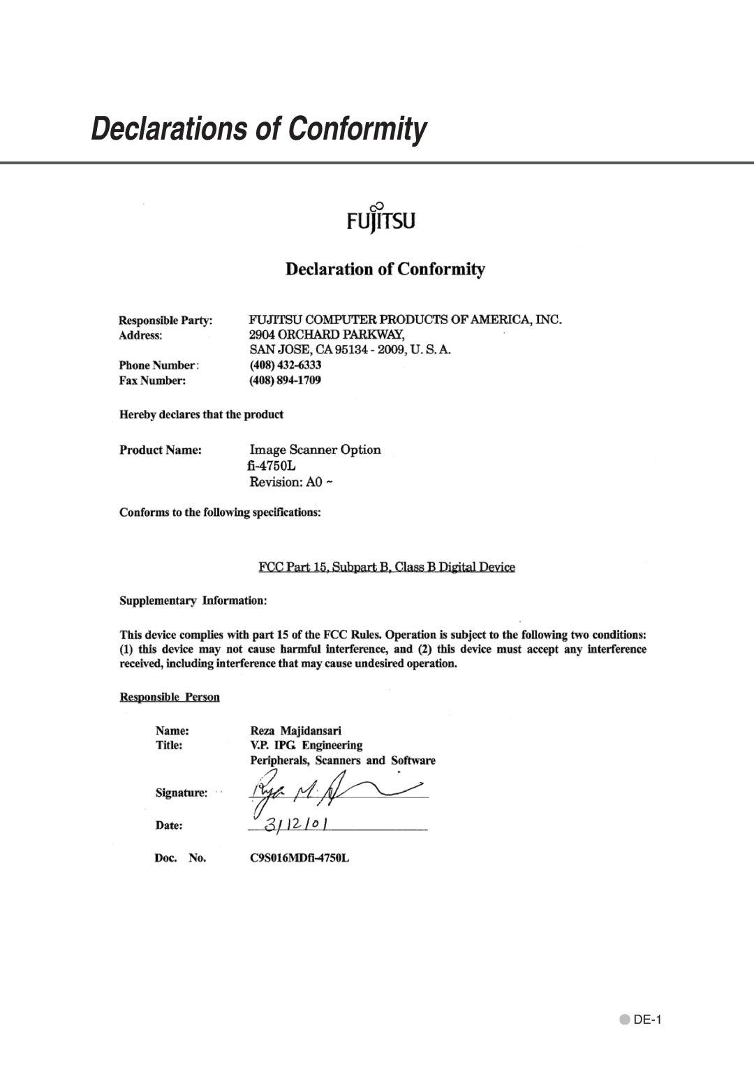 Fujitsu fi-4750L manual Declarations of Conformity 