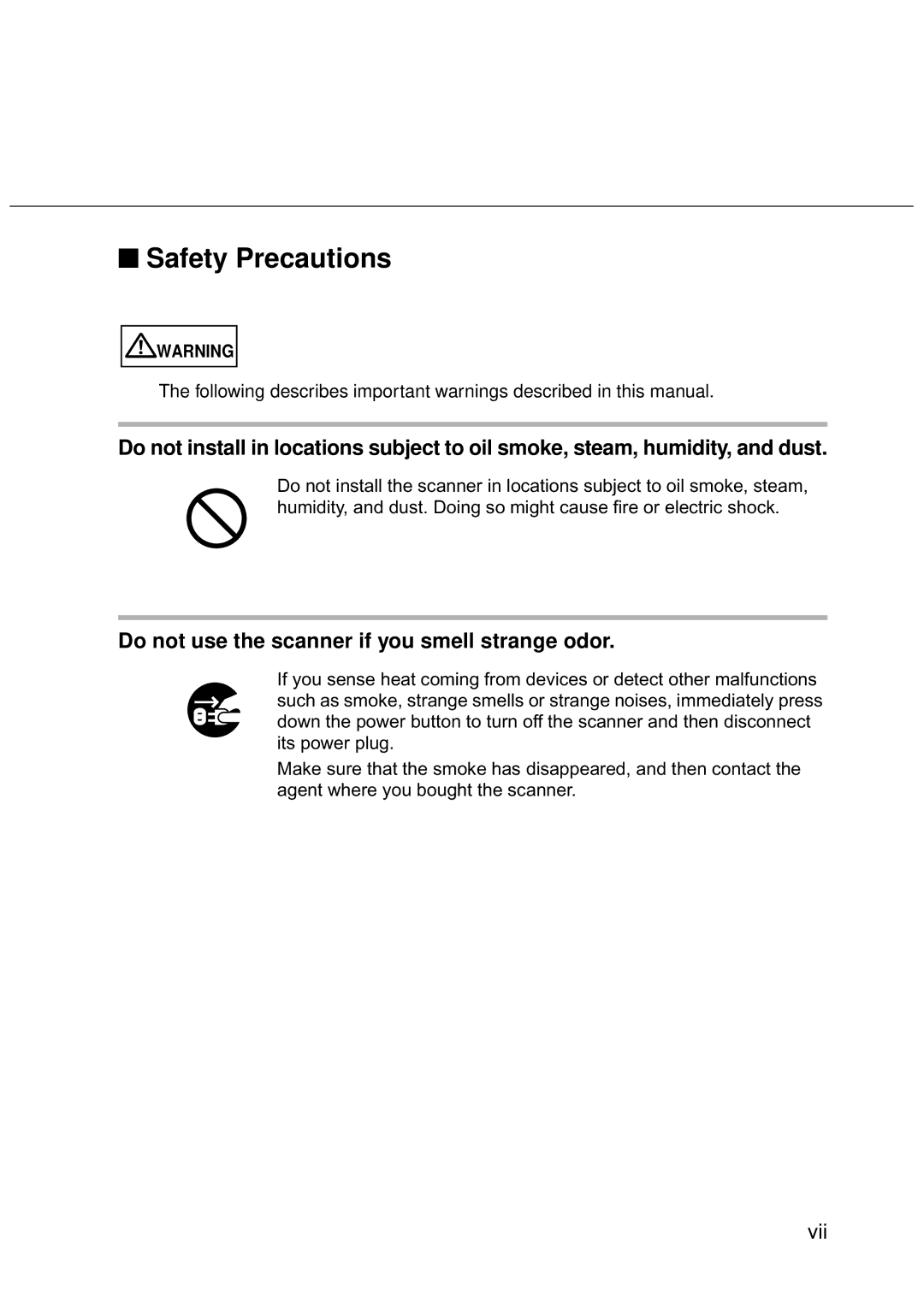 Fujitsu FI-486PRRE manual Safety Precautions, Do not use the scanner if you smell strange odor 