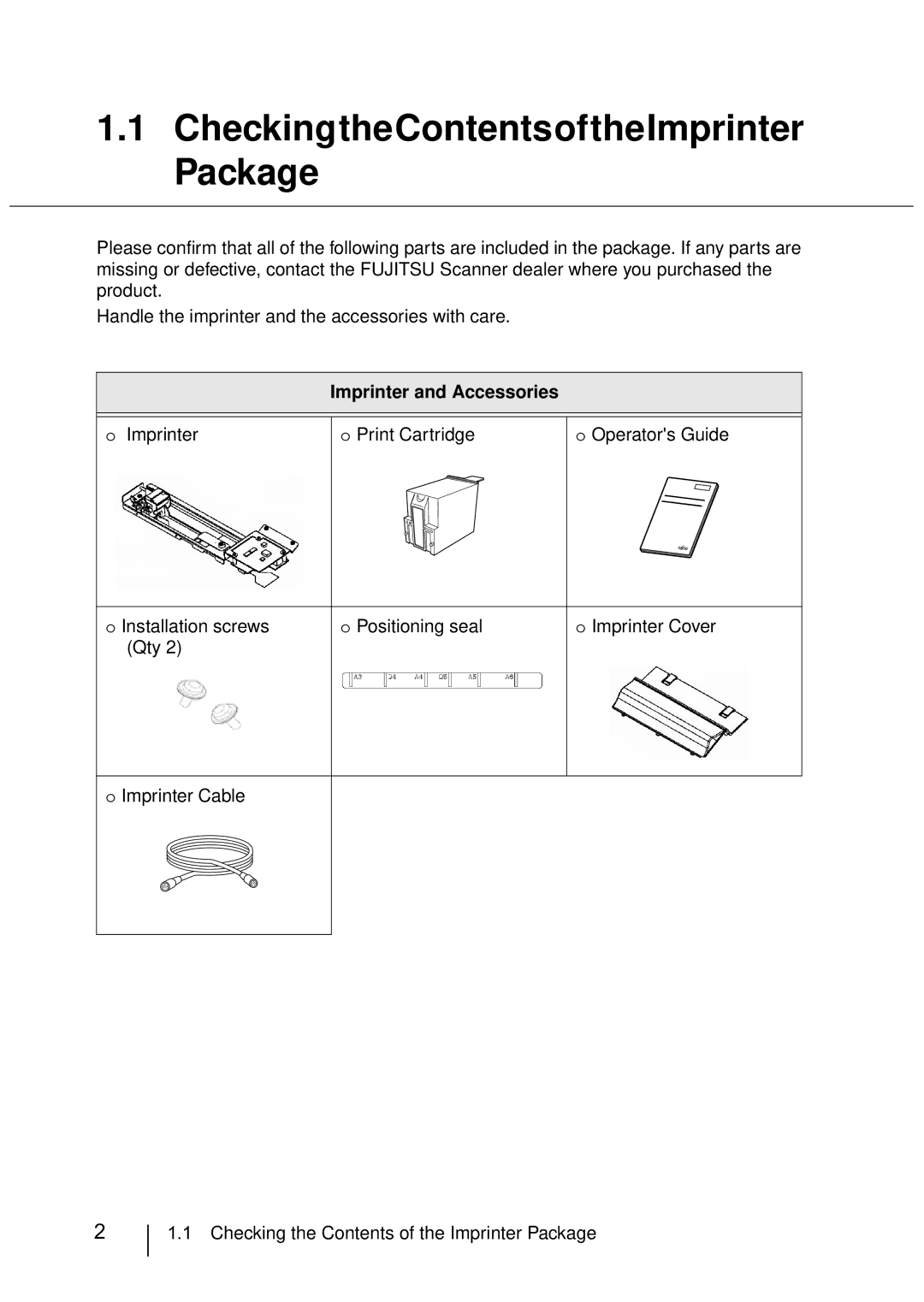 Fujitsu FI-486PRRE manual CheckingtheContentsoftheImprinter Package 