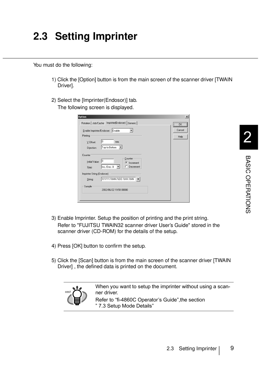 Fujitsu FI-486PRRE manual Setting Imprinter, Basic Operations 