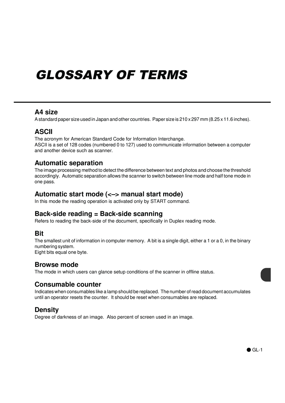 Fujitsu fi-4990C Glossary Of Terms, A4 size, Ascii, Automatic separation, Automatic start mode - manual start mode 