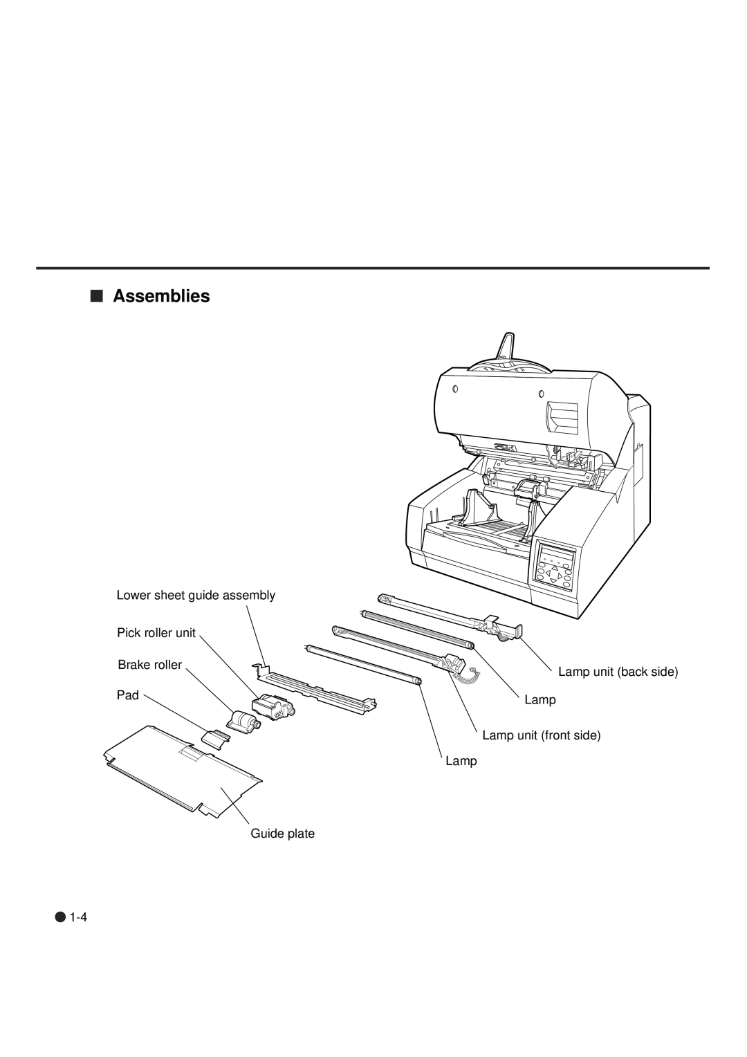 Fujitsu fi-4990C Assemblies, Lower sheet guide assembly Pick roller unit Brake roller, Lamp unit back side, Guide plate 