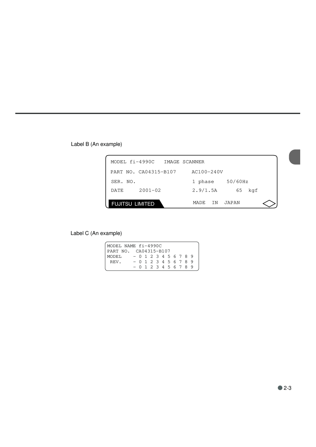 Fujitsu fi-4990C manual Label B An example, Fujitsu Limited, Label C An example 