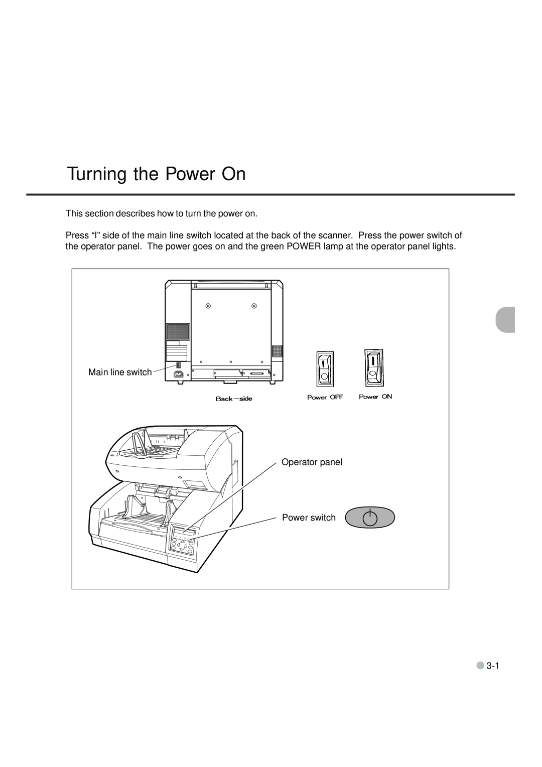 Fujitsu fi-4990C manual Turning the Power On, This section describes how to turn the power on, Main line switch 