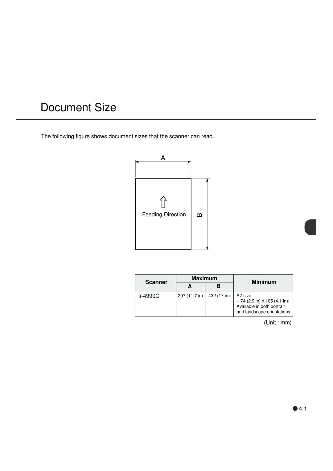 Fujitsu fi-4990C manual Document Size, Scanner, Maximum, Minimum, Unit mm, 297 11.7 in, 432 17 in 
