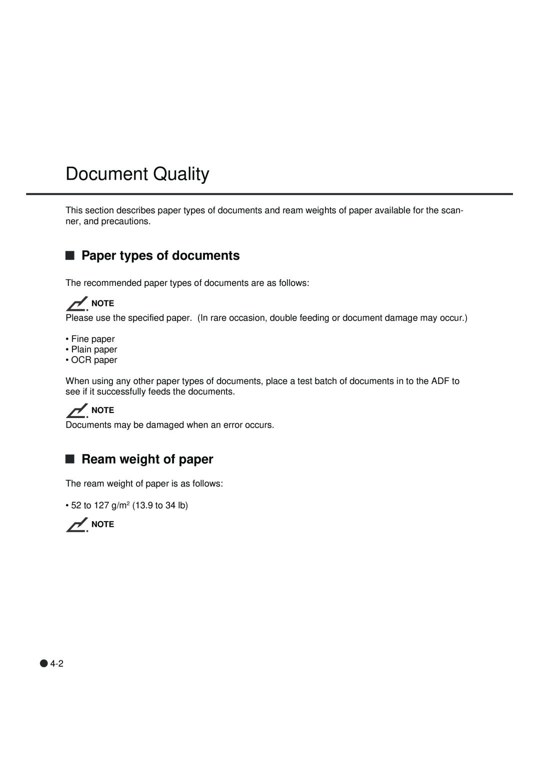 Fujitsu fi-4990C manual Document Quality, Paper types of documents, Ream weight of paper 